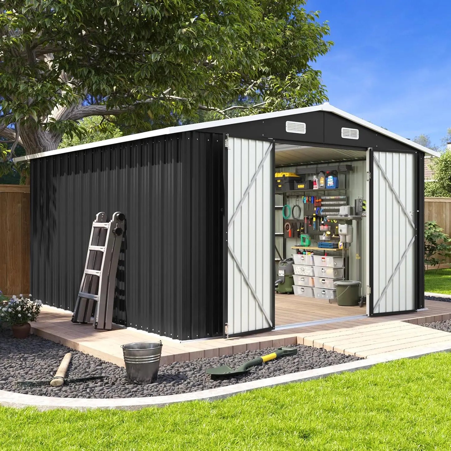 Outdoor Metal Storage Shed With Sloped Roof And Double Hinged Doors