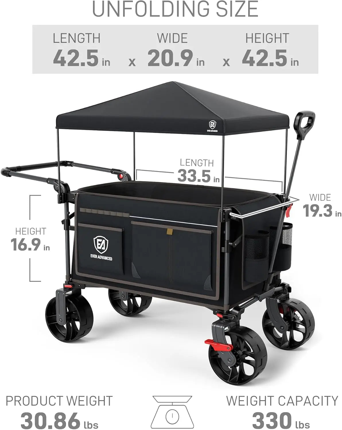 Portable Folding Push Wagon With Canopy And Brakes All Terrain Wheels