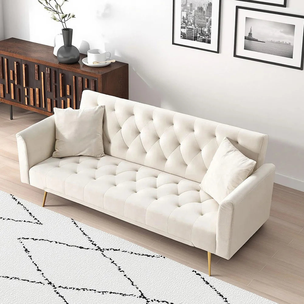 Velvet Convertible Futon Sofa Bed With Gold Metal Legs And 3 Position Backrest