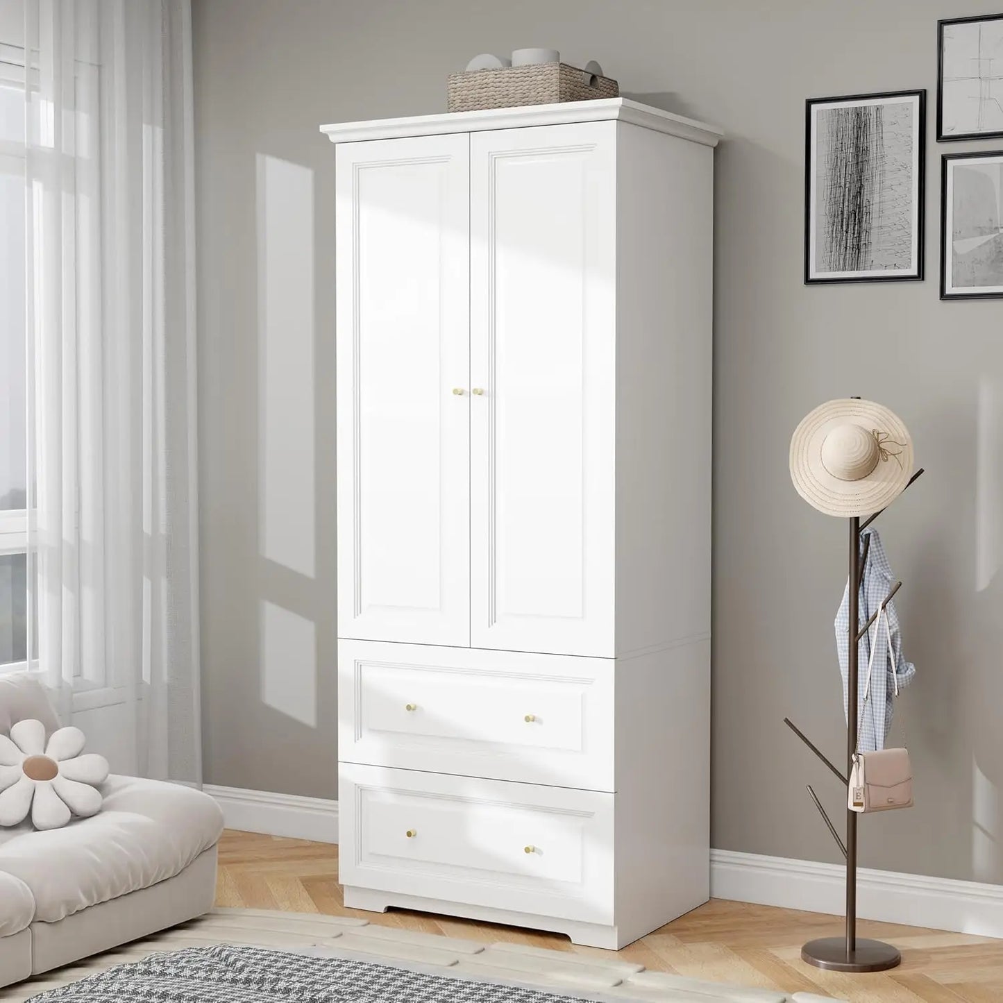 Engineered Wood Wardrobe Armoire With Two Doors And Drawers