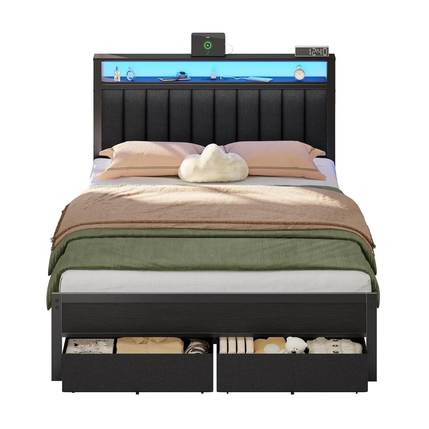 Bed Frame Charging Station And LED Lights, Upholstered Headboard Platform Bed