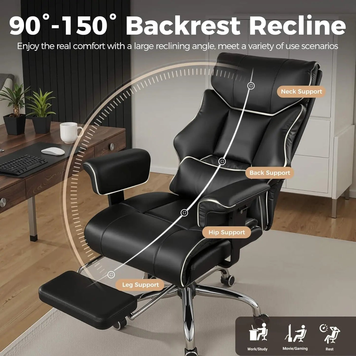 COMHOMA High Back Leather Office Chair With Ergonomic Lumbar Support