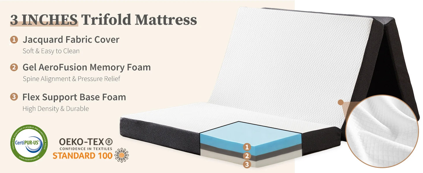 JHK Tri Fold Memory Foam Mattress With Washable Cover Travel
