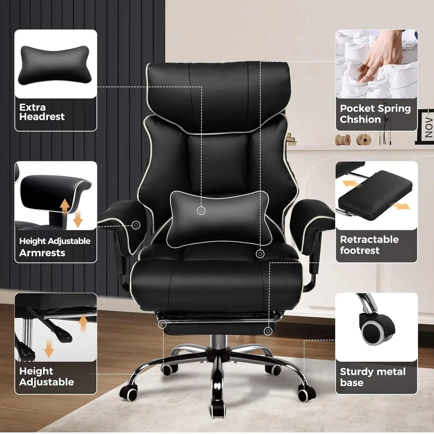 COMHOMA High Back Leather Office Chair With Ergonomic Lumbar Support