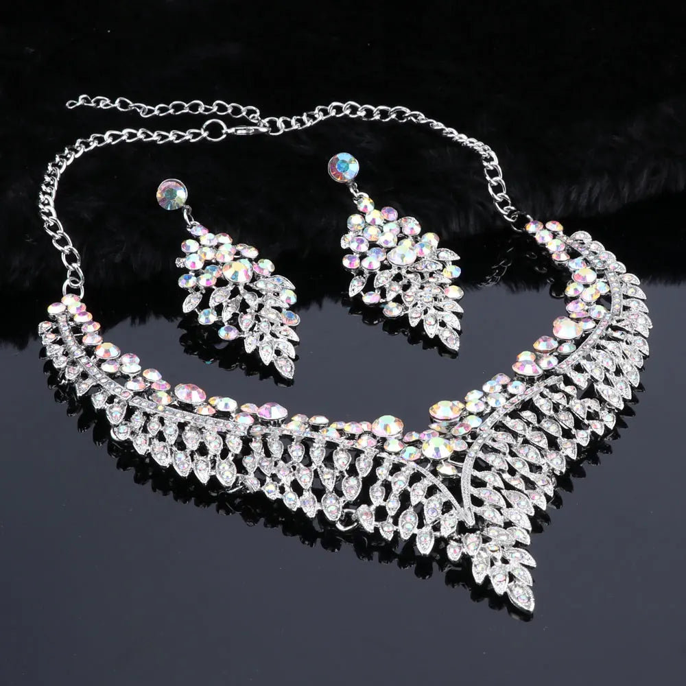 Ouhe Women's Crystal Rhinestone Bridal Jewelry And Earrings Set