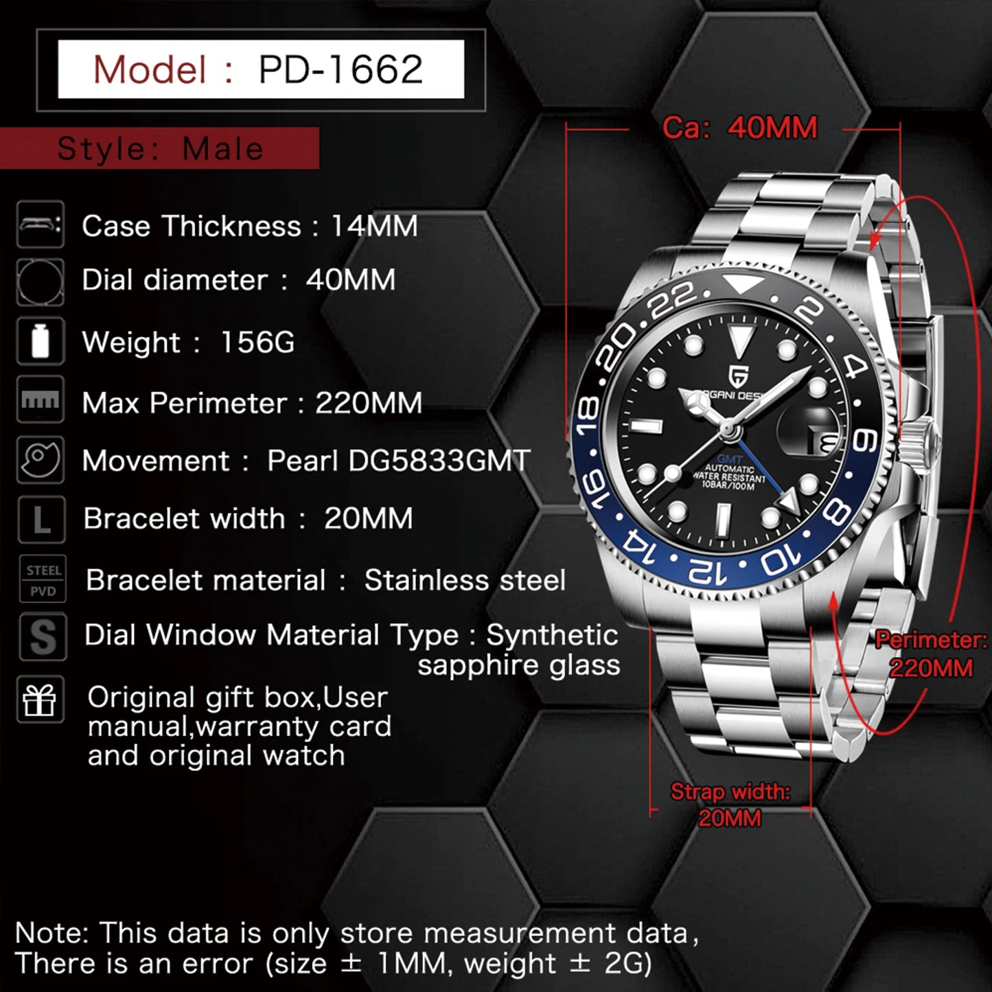 Pagani Design PD-1662 V6 GMT Mechanical Watch Stainless Steel Sapphire