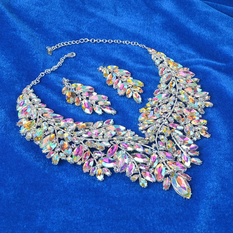 Youfir Rhinestone Crystal Bridal Necklace And Earring Set