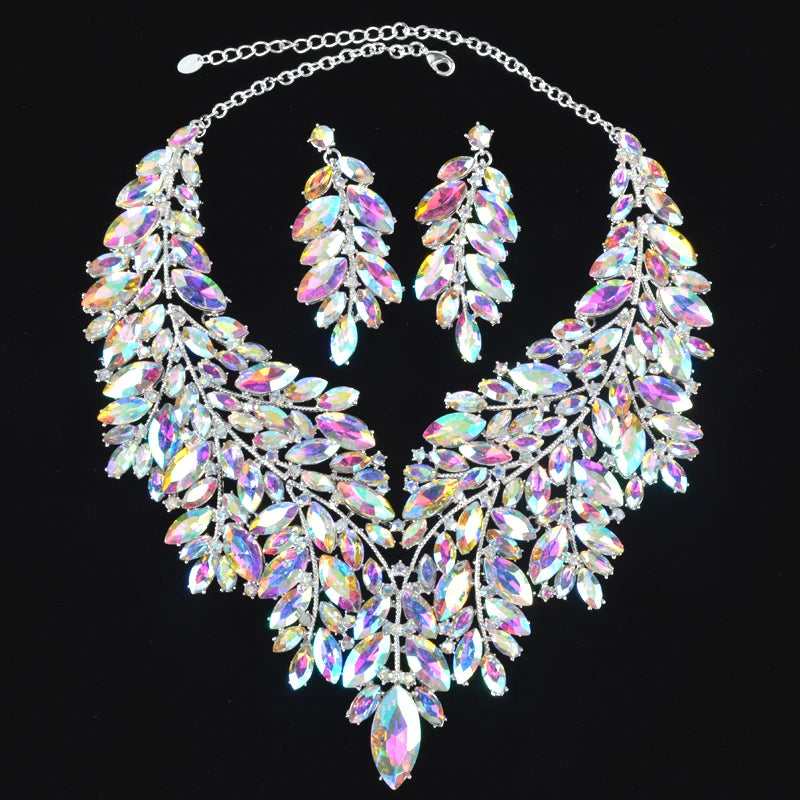 Youfir Rhinestone Crystal Bridal Necklace And Earring Set
