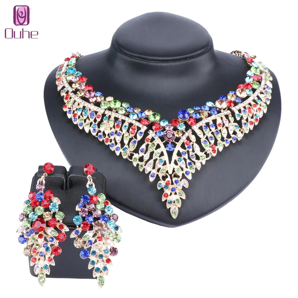 Ouhe Women's Crystal Rhinestone Bridal Jewelry And Earrings Set