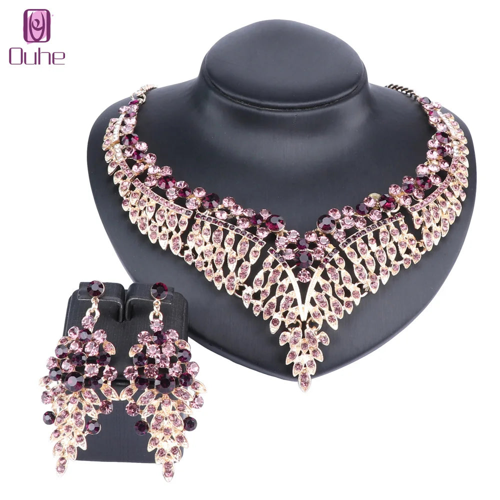 Ouhe Women's Crystal Rhinestone Bridal Jewelry And Earrings Set