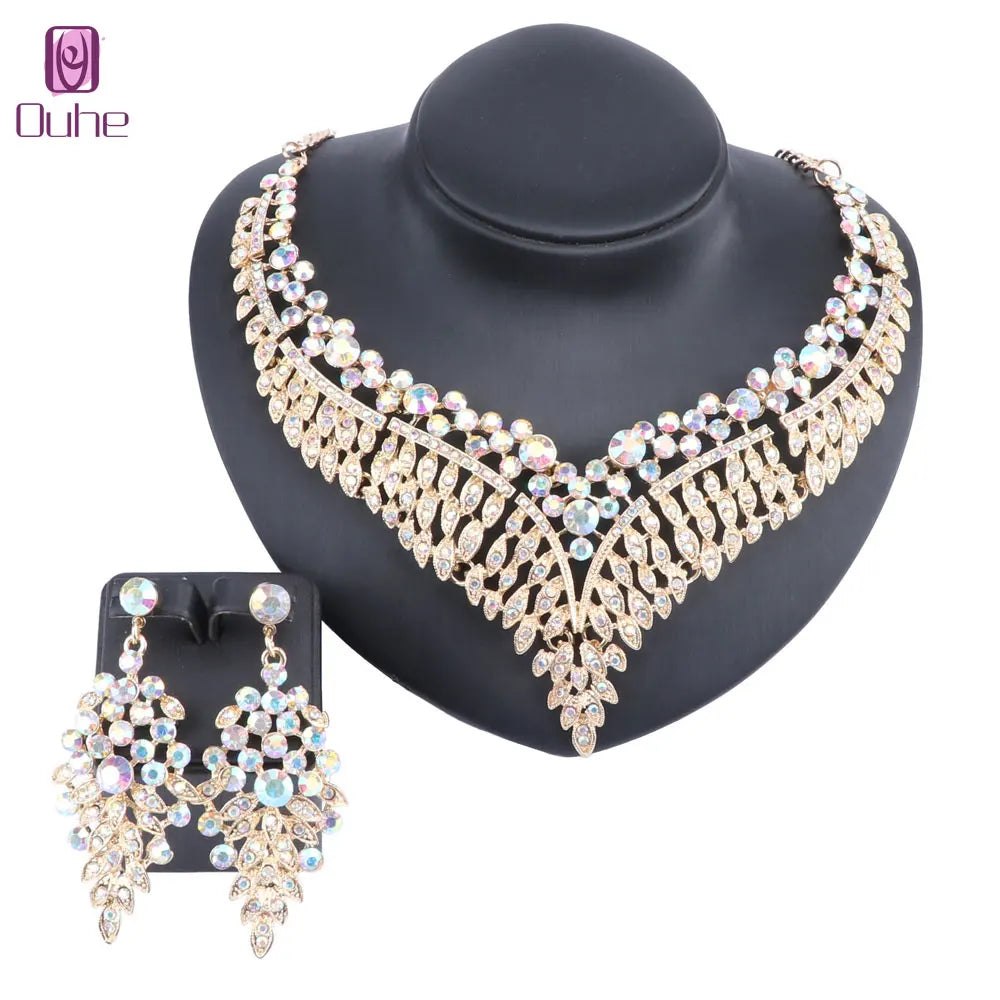 Ouhe Women's Crystal Rhinestone Bridal Jewelry And Earrings Set