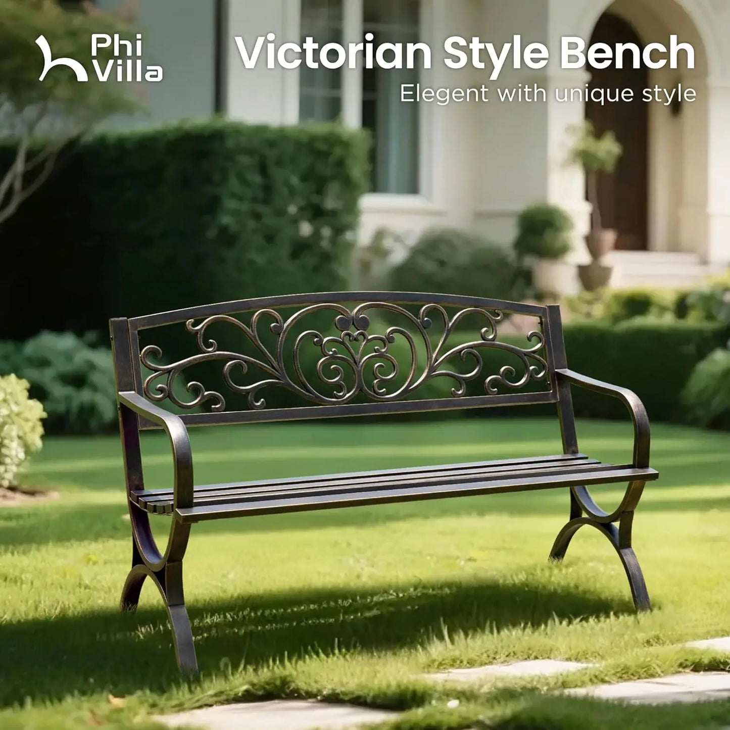 Cast Iron Garden Bench With Floral Backrest Slatted Seat