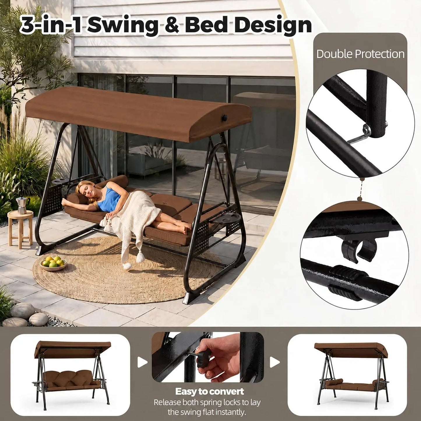 Outdoor Metal Patio Swing Chair With Canopy And Side Trays