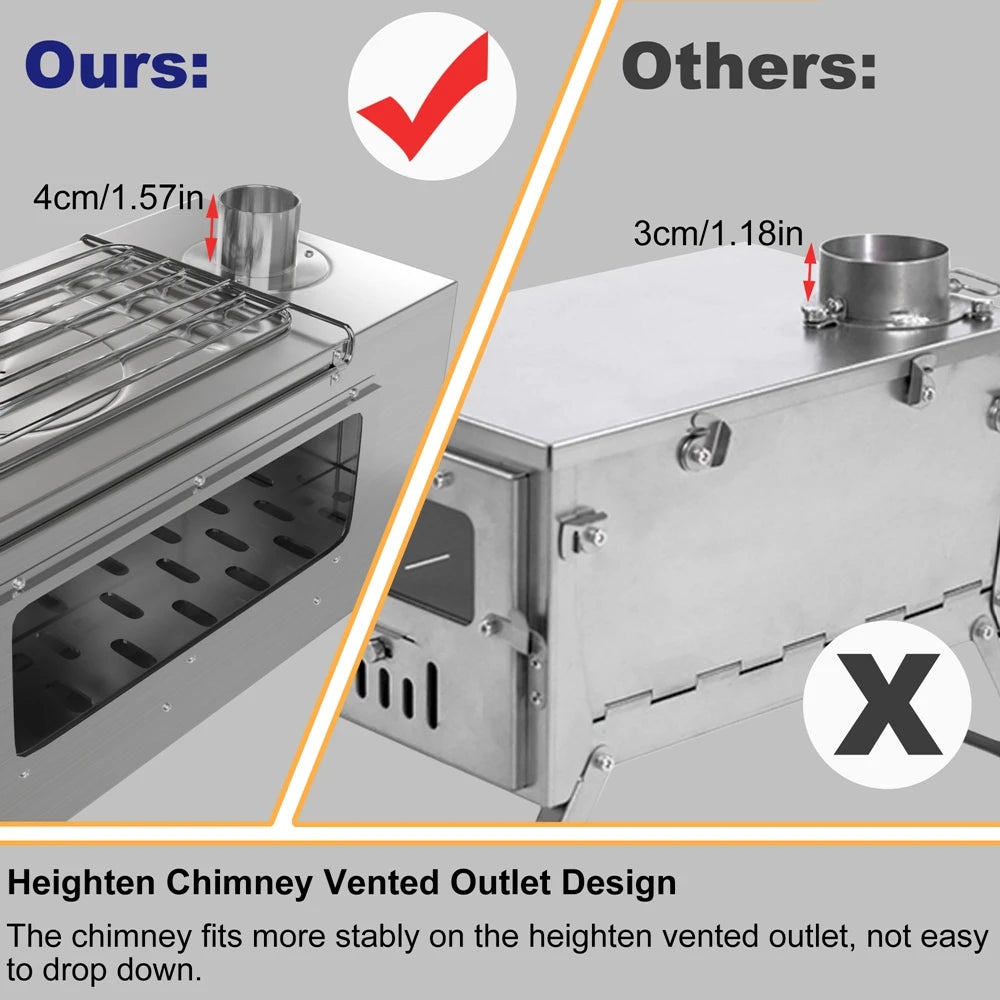 Portable Stainless Steel Wood Burning Stove With 7 Chimney Pipes