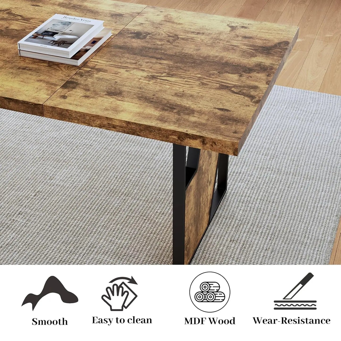 Modern Dining Table Set With Two Benches MDF Wood