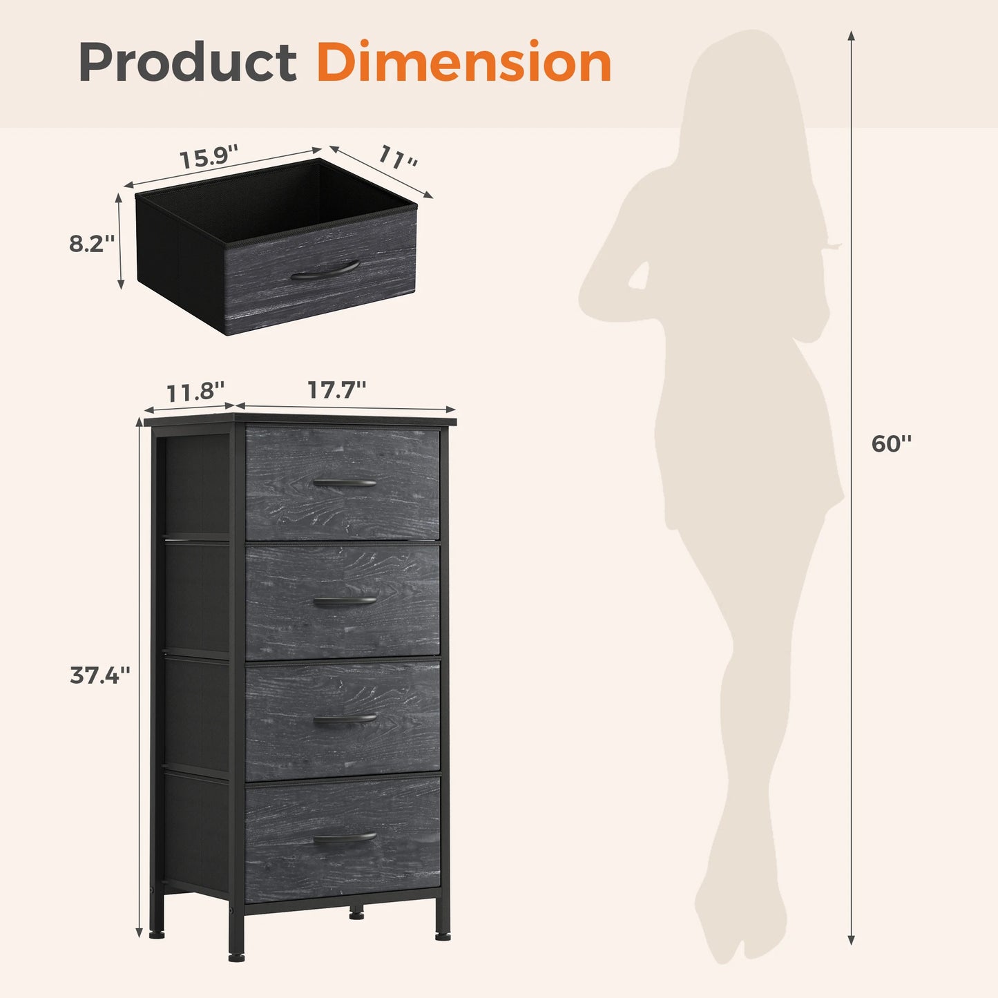 JHK Four Drawer Fabric Cabinets Living Room With Metal Frame
