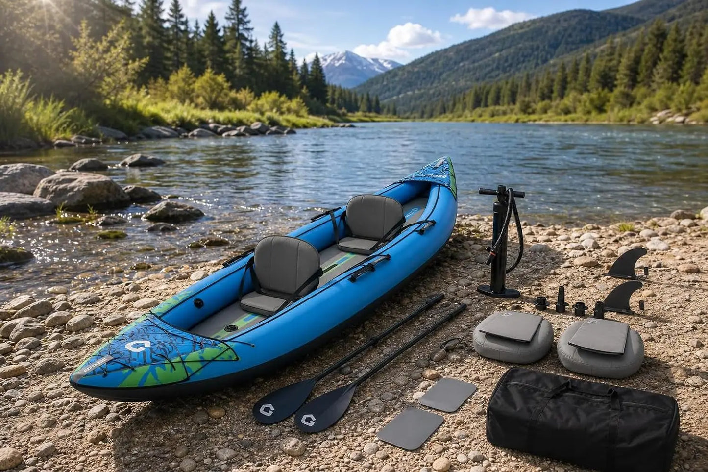 Heavy-Duty Inflatable Tandem Kayak With Adjustable Seats And Paddles