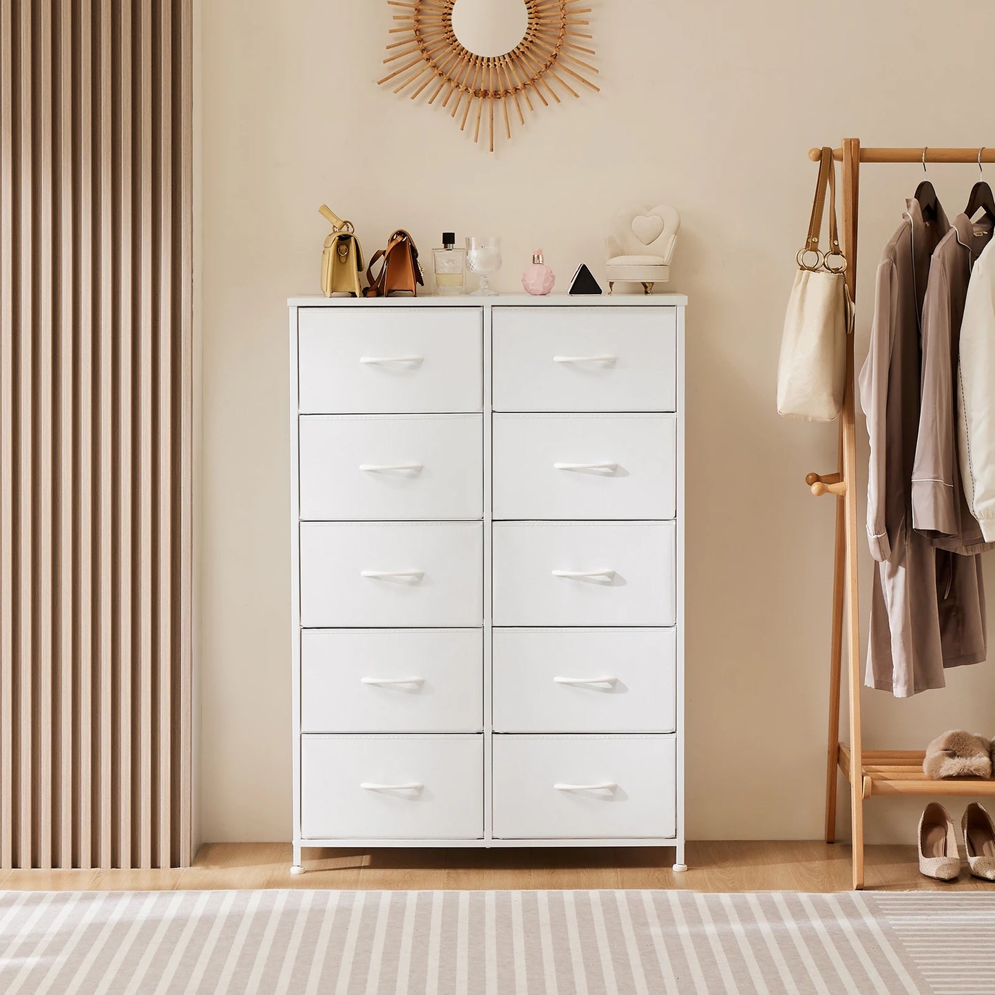 JHK Bedside Table With Fabric Drawers And Steel Frame Wardrobe Storage Cabinet