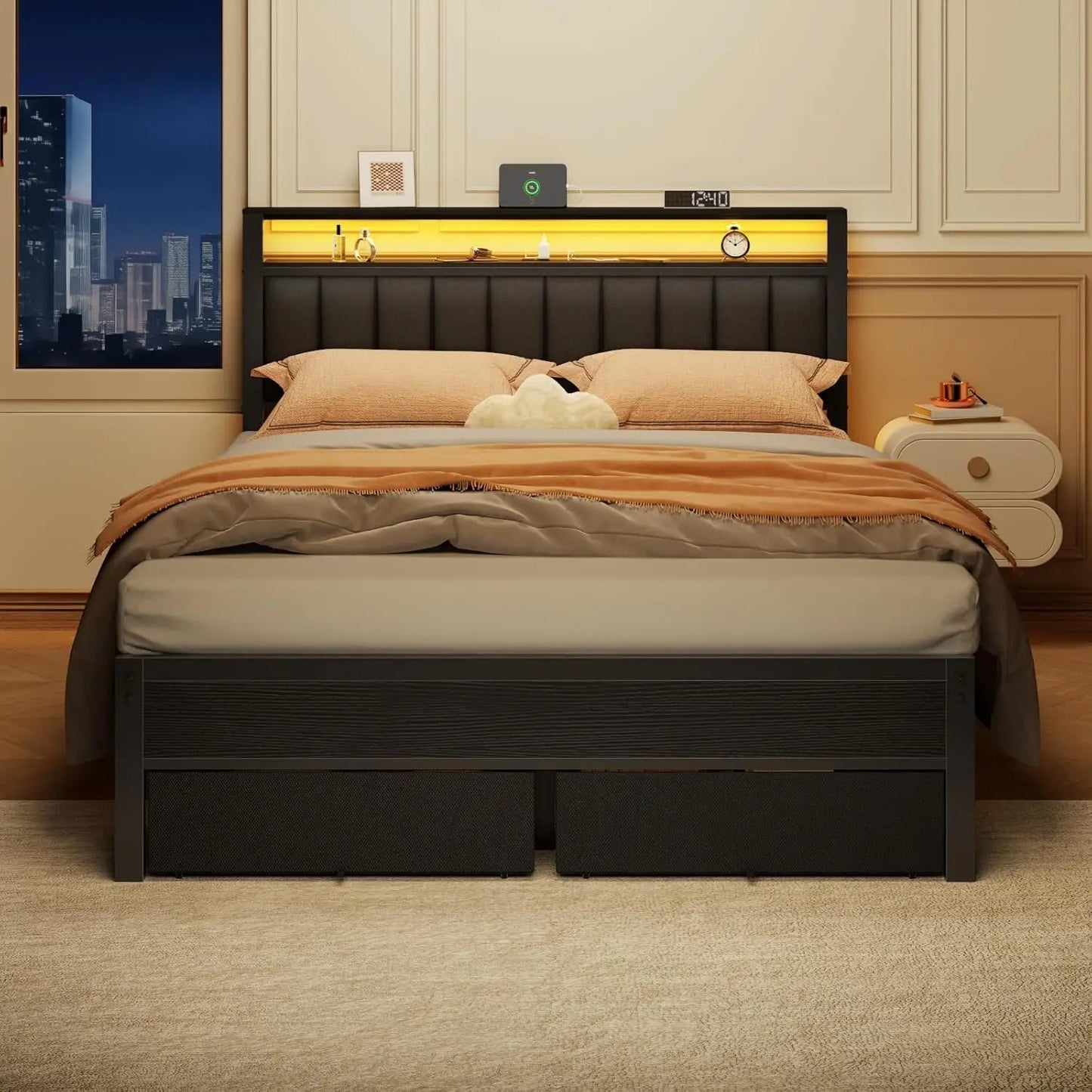 Bed Frame Charging Station And LED Lights, Upholstered Headboard Platform Bed