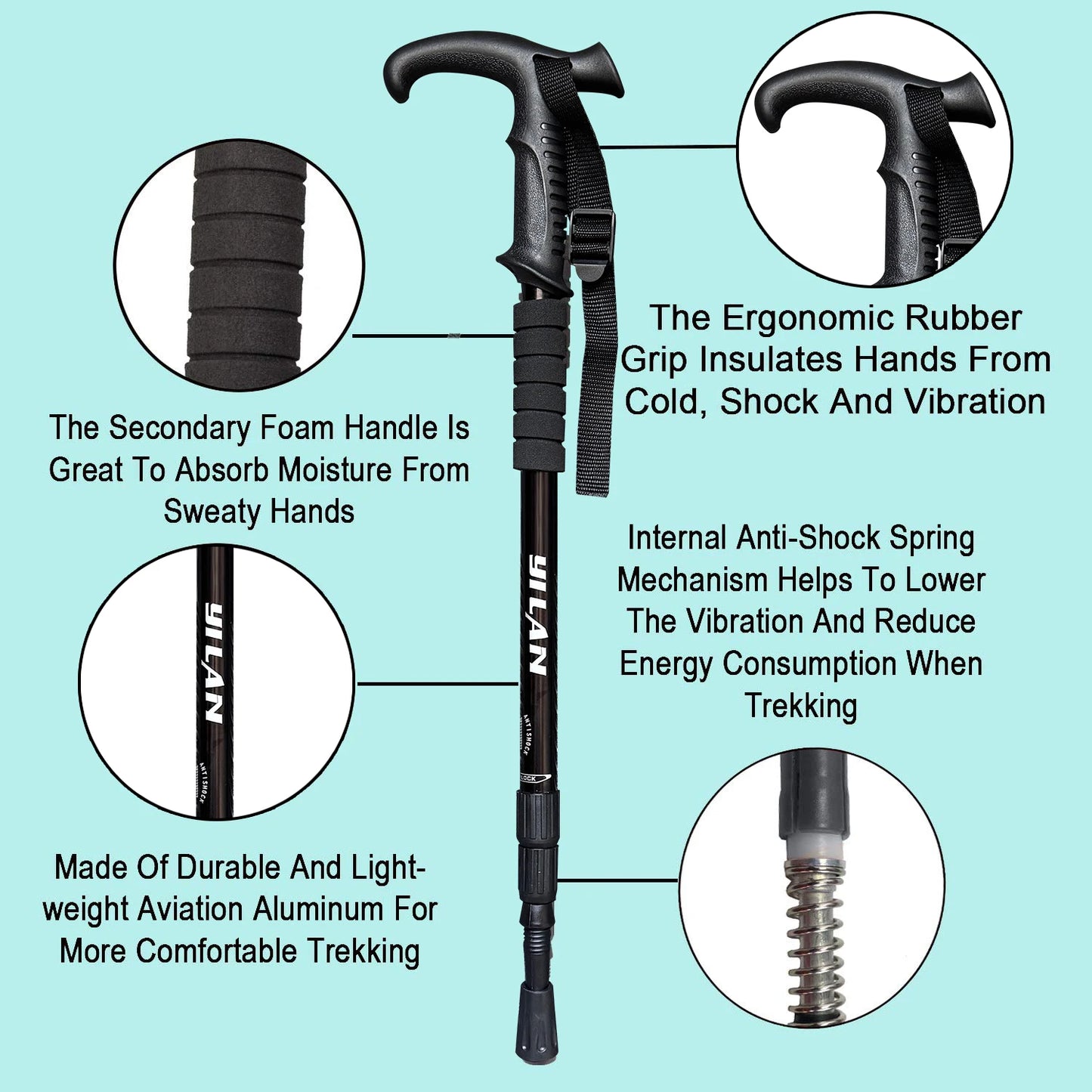 Ultralight Aluminum Trekking Poles With Spring Damping And Foam Grip