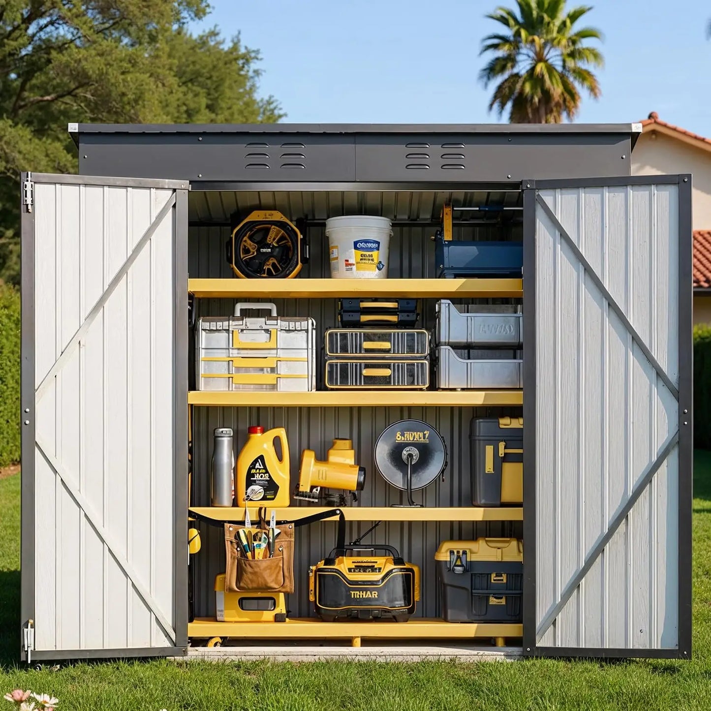 Metal Outdoor Storage Cabinet With Lockable Double Doors Waterproof