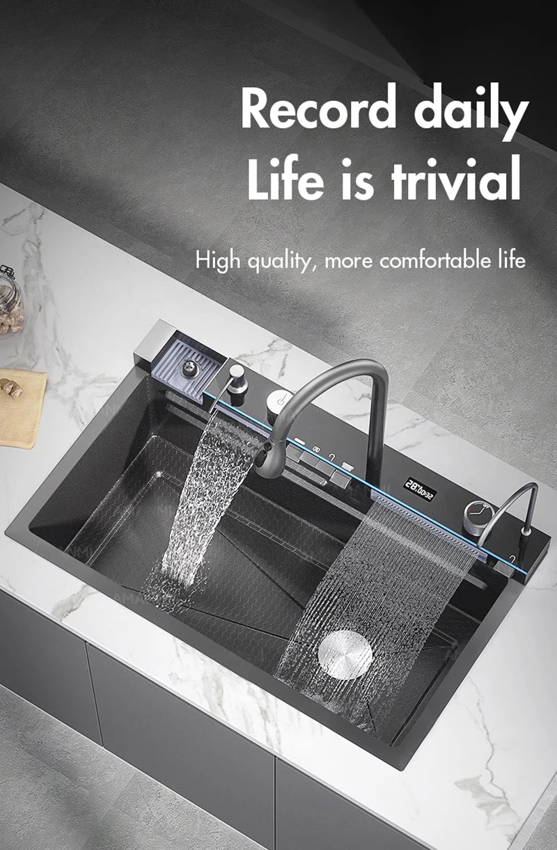 MYQualife 304 Stainless Steel Waterfall Kitchen Sink With Digital Display Faucet