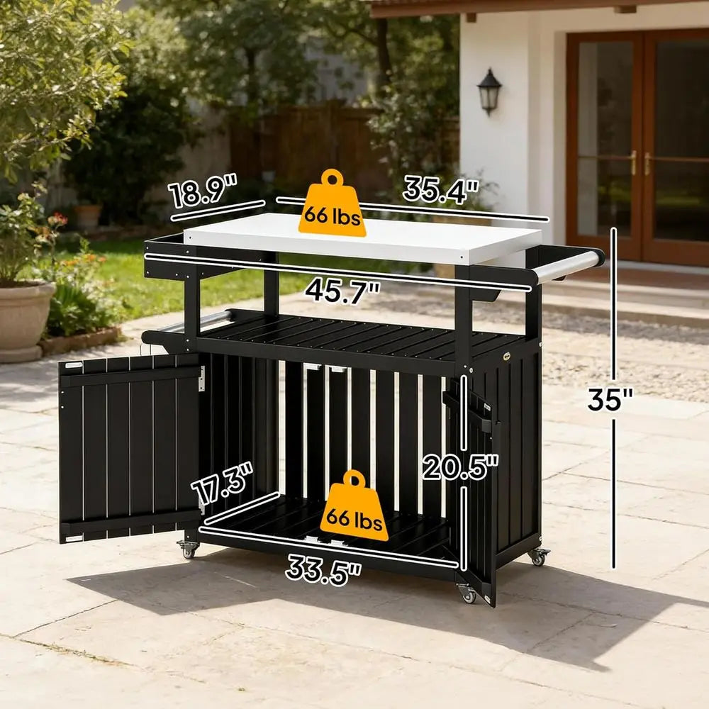 Outdoor Bar Cart With Storage Cabinet On Wheels Stainless Top