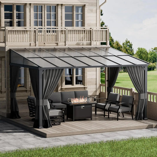 Wall Mounted Hardtop Pergola With Curtains And Netting Sunshade