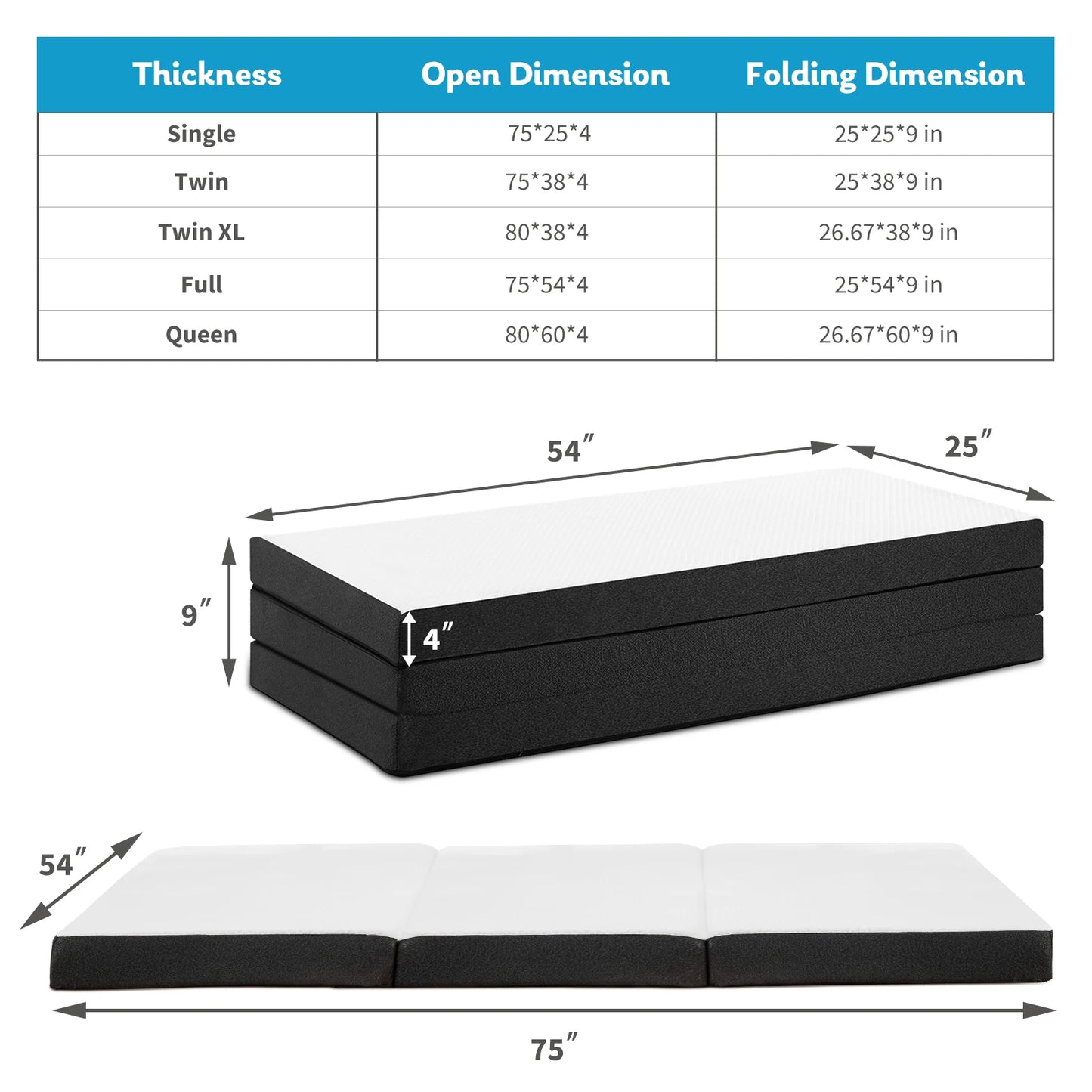 JHK Tri Fold Memory Foam Mattress With Washable Cover Travel