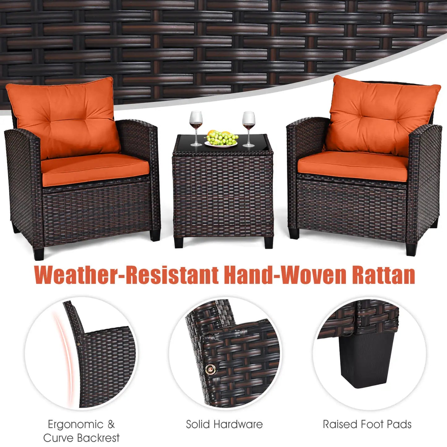 HOMASIS 3-Piece Patio Rattan Cushioned Conversation Set