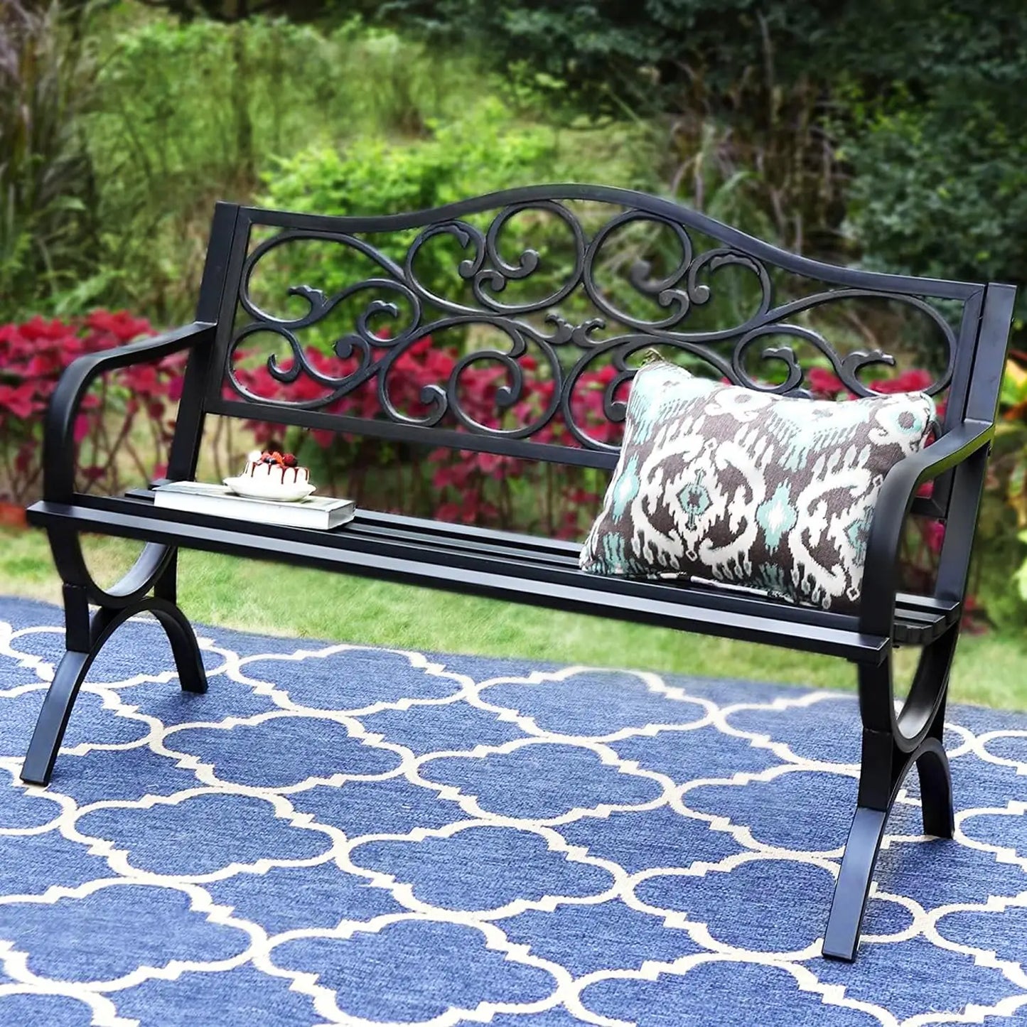 Cast Iron Garden Bench With Floral Backrest Slatted Seat