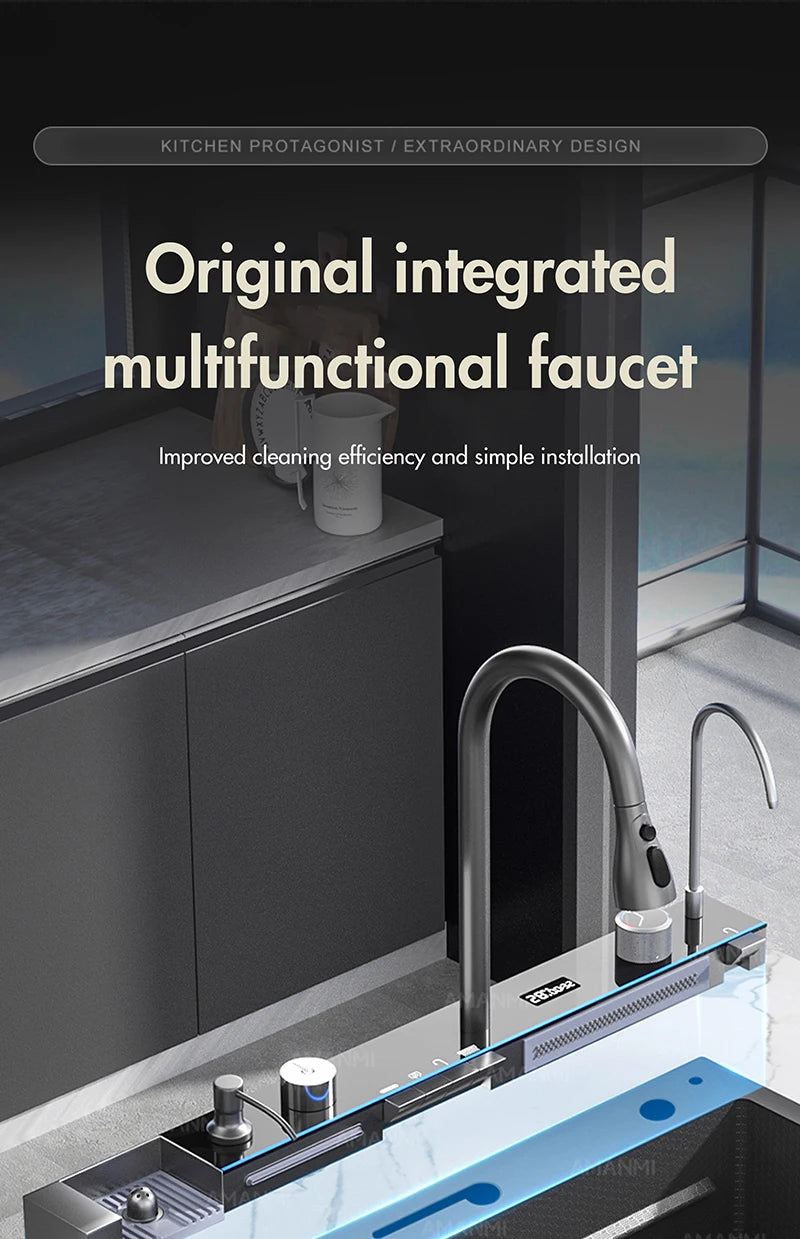 MYQualife 304 Stainless Steel Waterfall Kitchen Sink With Digital Display Faucet
