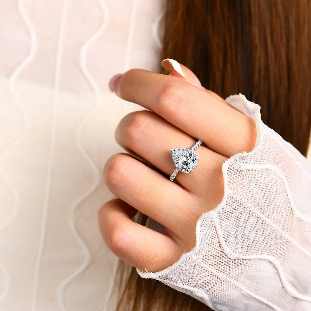 Minty Box Pear Cut Moissanite Halo Ring 18K Gold Plated Engagement