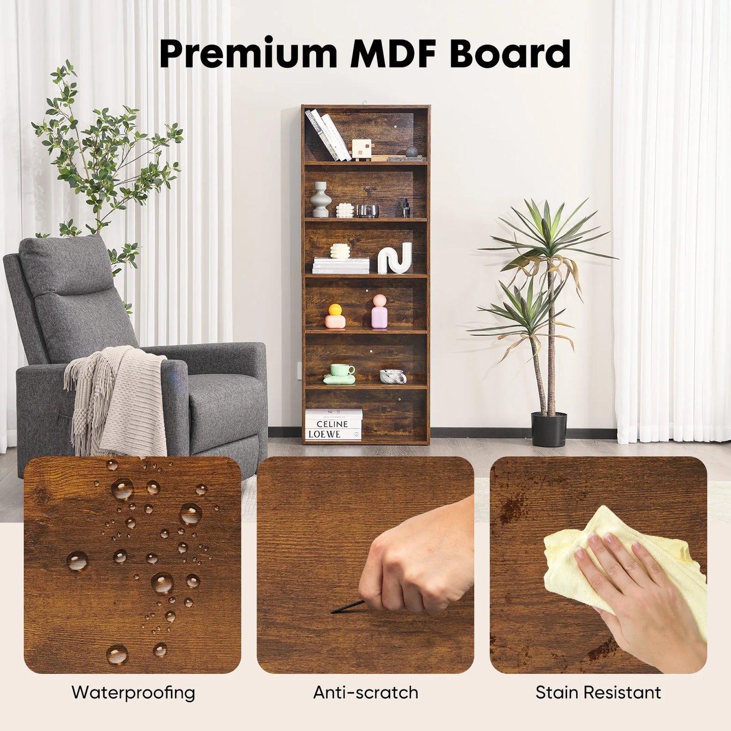 JHK Six Tier Wooden Shelf Bookcase For Living Room Office
