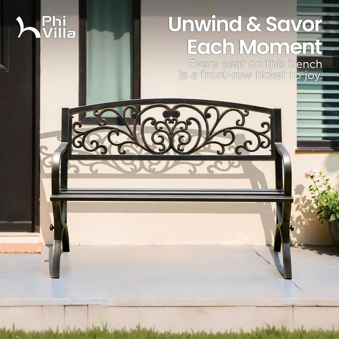 Cast Iron Garden Bench With Floral Backrest Slatted Seat