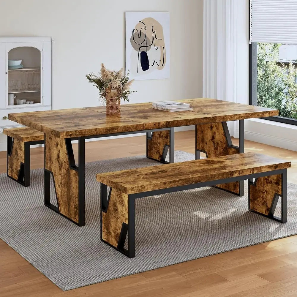 Modern Wooden Dining Table Set With Two Benches For Office