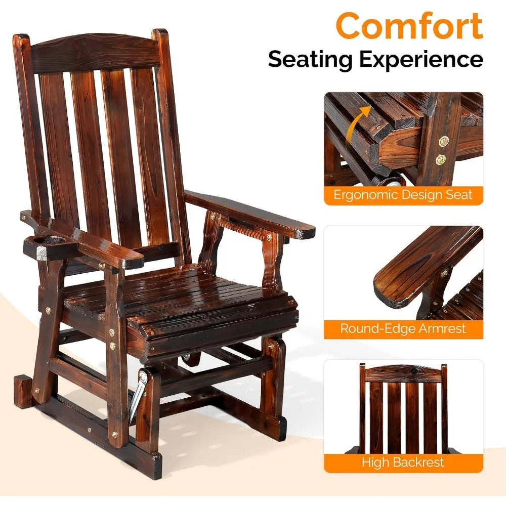 Rustic Outdoor Bamboo Glider Chair With Cup Holder And Smooth Rocking