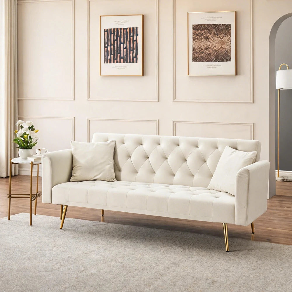 Velvet Convertible Futon Sofa Bed With Gold Metal Legs And 3 Position Backrest