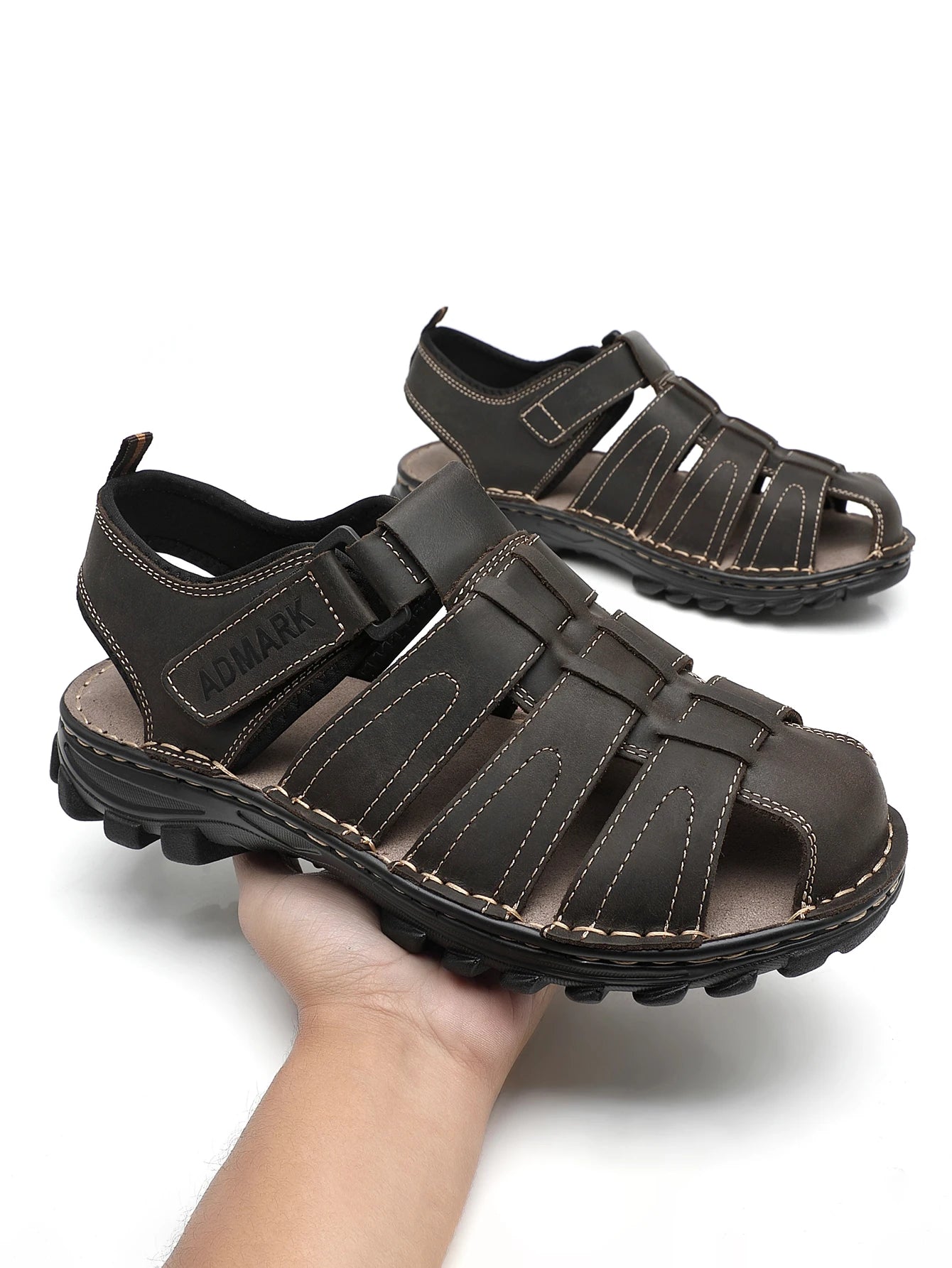 ADMARK Men's Closed Toe Full Grain Leather Fisherman Sandals With Arch Support