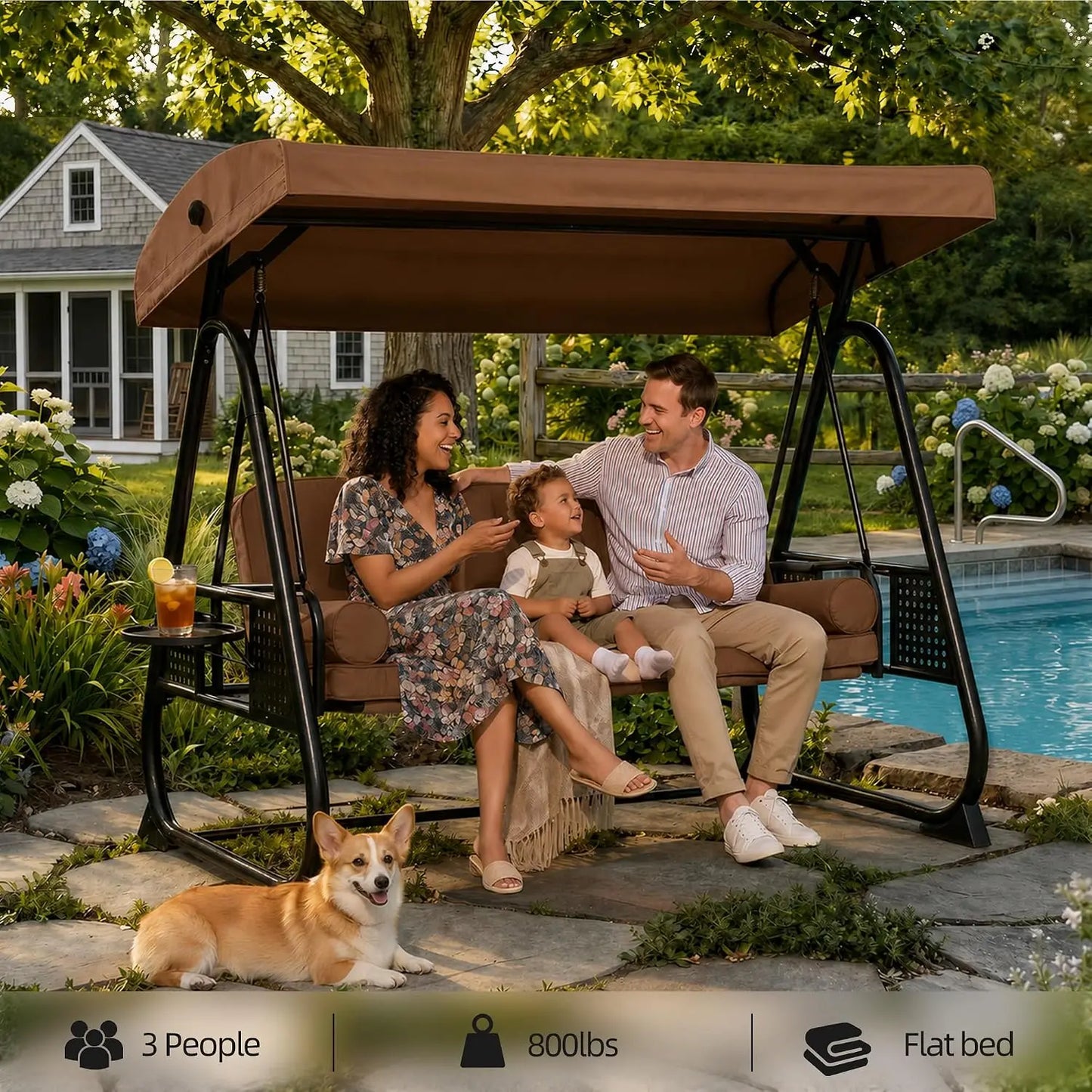 Outdoor Metal Patio Swing Chair With Canopy And Side Trays