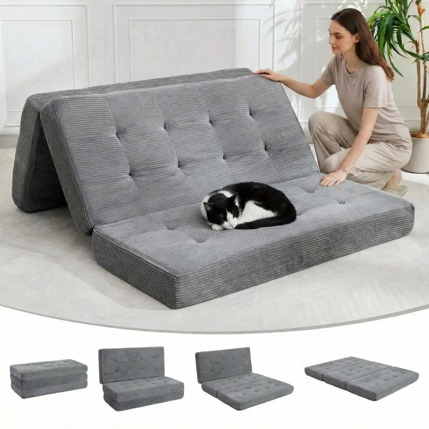 Convertible Sleeper Sofa 5-In-1 Folding Mattress Fixed Frame