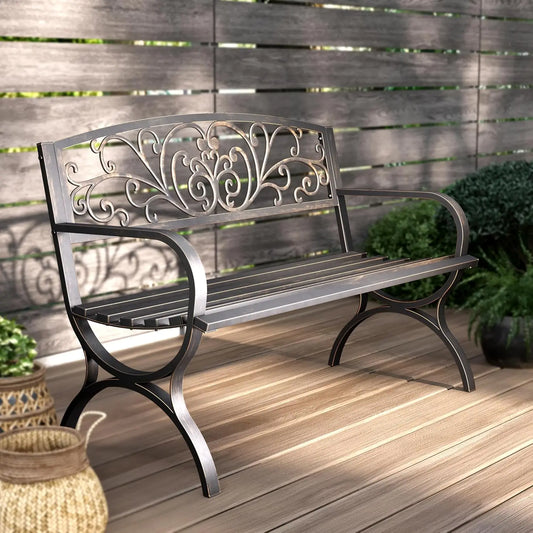 Cast Iron Garden Bench With Floral Backrest Slatted Seat
