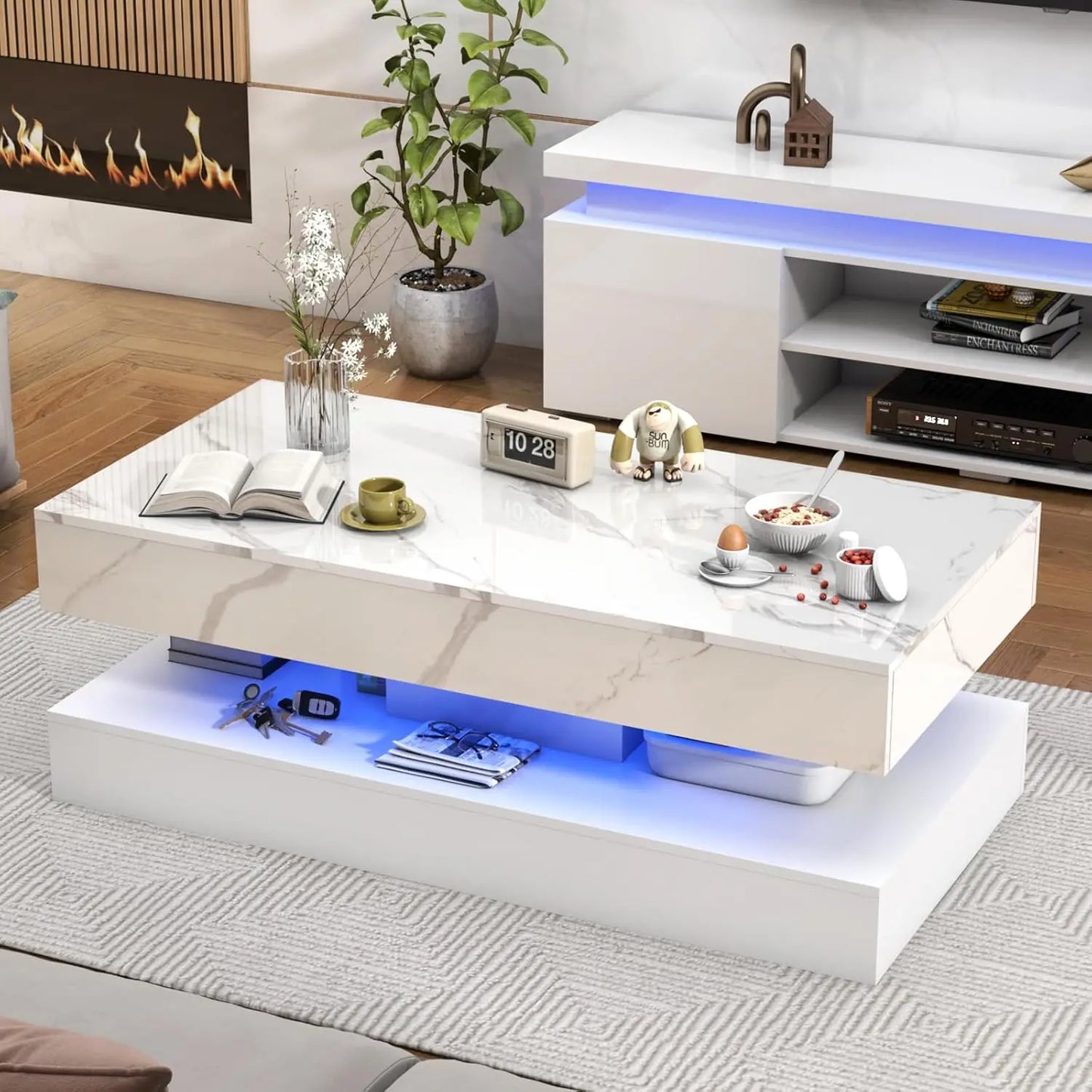 QiaoShiRen Modern LED Coffee Table With Two Storage Drawers