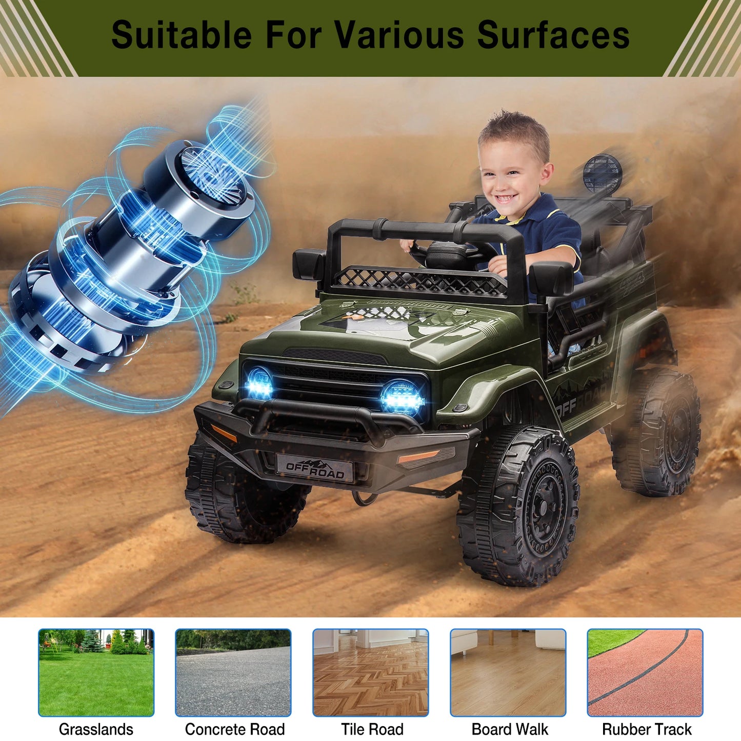 HiMISS 12V Kids Ride On Truck With Remote Control Bluetooth Lights