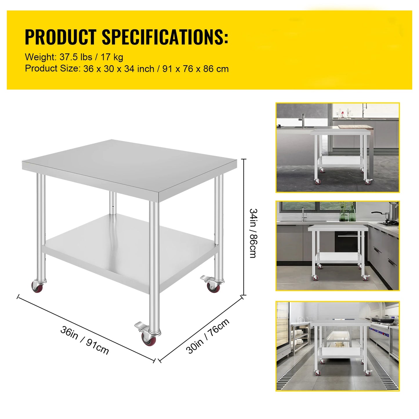 SucceBuy Stainless Steel Kitchen Work Table With Caster Wheels Commercial