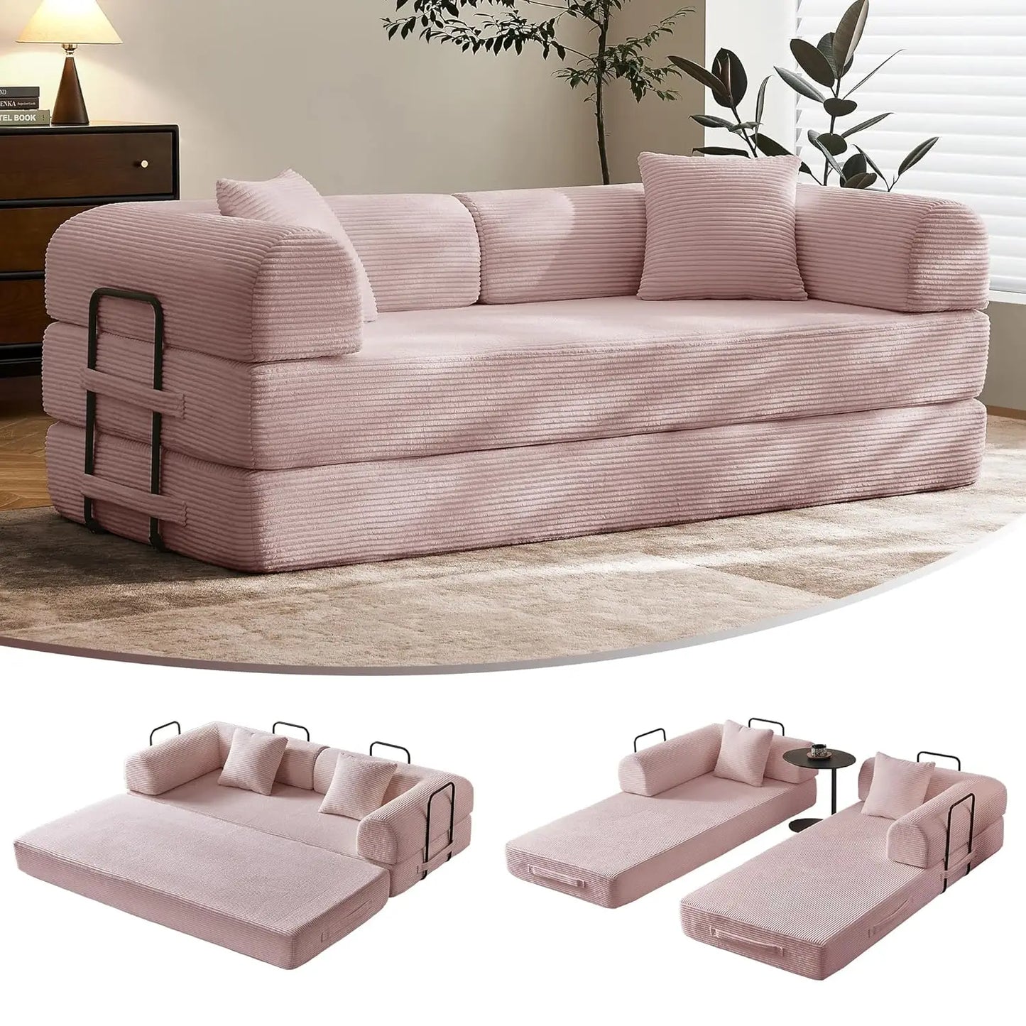 Corduroy Convertible Sofa Bed With Fixed Frame And Removable Armrests