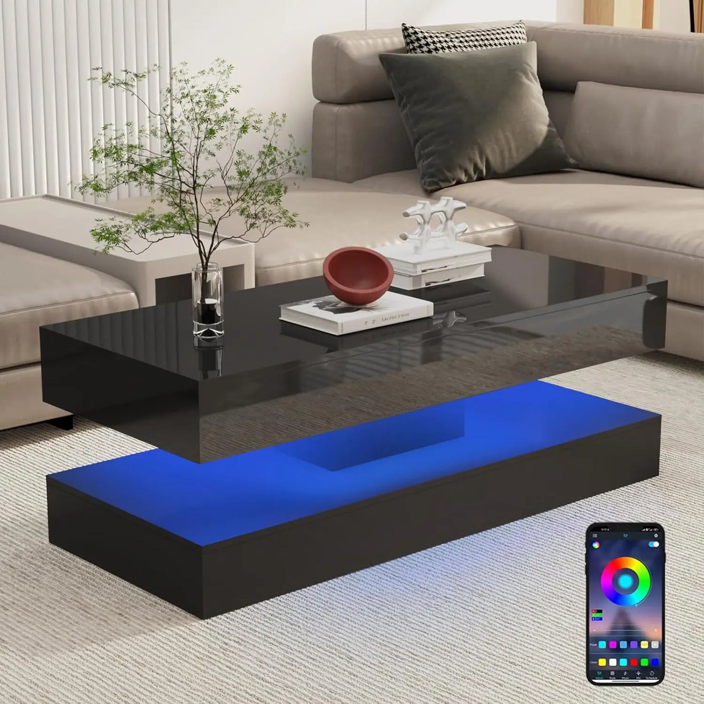 QiaoShiRen Modern LED Coffee Table With Two Storage Drawers