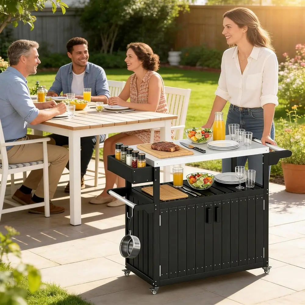 Outdoor Bar Cart With Storage Cabinet On Wheels Stainless Top