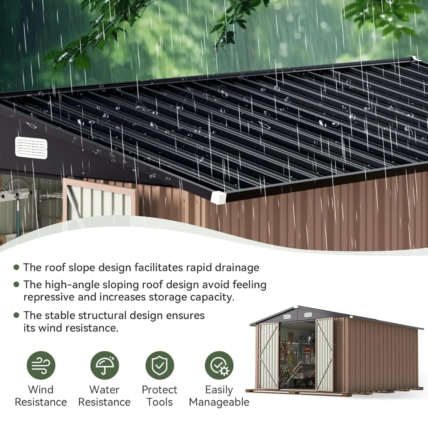 Outdoor Metal Storage Shed With Sloped Roof And Double Hinged Doors
