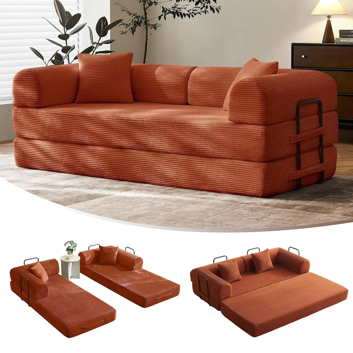 Corduroy Convertible Sofa Bed With Fixed Frame And Removable Armrests
